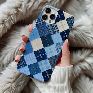 Funda para teléfono MagSafe con diseño de patchwork azul para iPhone 14, 15, 16, 17 Pro Max y Galaxy S26. Funda con diseño de cuadros vintage y acolchado. Funda magnética para teléfono.