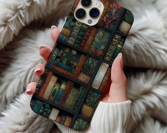 Dark Academia Bookshelf Phone Case Magnetic MagSafe iPhone 14 15 16 17 Pro Max Samsung Galaxy S26 Cover Vintage Bookish Plant Lover Gift