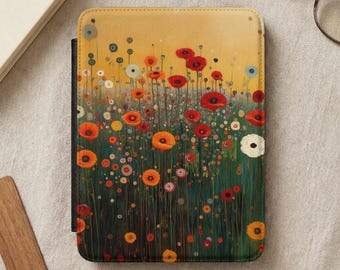 Vibrant Poppy Field Kindle Case, Abstract Floral E-Reader Cover, Colorful Flower Garden Art Design, Nature Inspired Digital Book Sleeve
