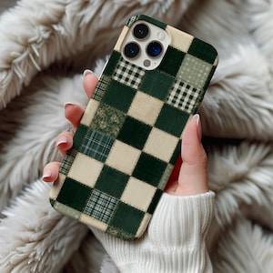 Funda para teléfono MagSafe Green Quilt para iPhone 17 16 15 14 Pro Max Galaxy S26, diseño rústico de patchwork, cuadros, estampado floral y costuras de imitación.