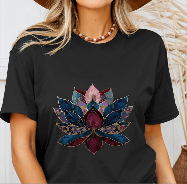 May include: Black t-shirt with a colorful geometric lotus flower design. The flower is made up of shades of blue, pink, red, and gold.