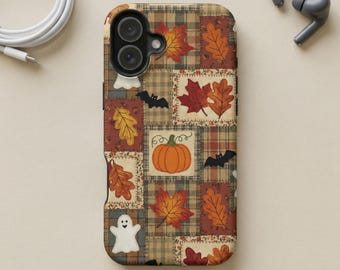 Fall Patchwork Quilt MagSafe Phone Case Printed Magnetic iPhone 16 15 14 17 Pro Max Galaxy S26 Cover Rustic Halloween Ghost Pumpkin Autumn