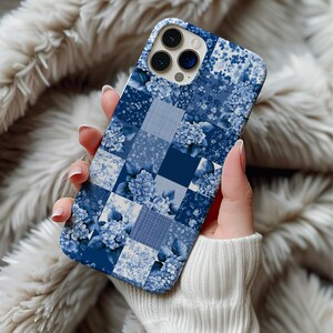 Blue Hydrangea Patchwork MagSafe Phone Case Magnetic iPhone 14 15 16 17 Pro Max Galaxy S26 Cover Vintage Floral Quilt Grandmillennial Case