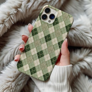 Sage Green Faux Quilted Phone Case MagSafe Magnetic iPhone 17 16 15 14 Pro Max Galaxy S26 Cover Cozy Preppy Patchwork Plaid Argyle