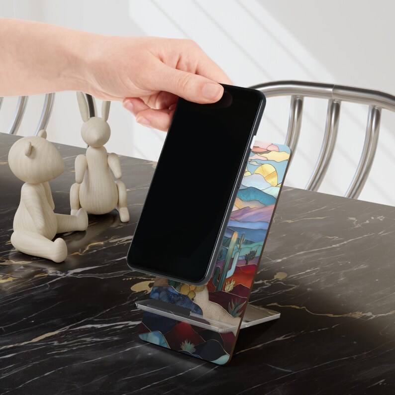 Cactus Stained Glass Style Phone Stand Western Landscape Vintage Mobile Display Stand for Smartphones image 5
