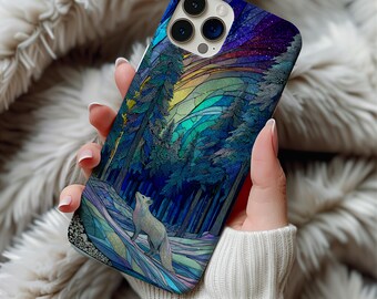 Arctic Fox MagSafe Phone Case Aurora Forest Magnetic Cover iPhone 16 15 14 13 Pro Max Stained Glass Northern Lights Wildlife Gift