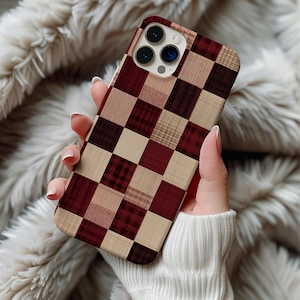 Burgundy Plaid MagSafe Phone Case Magnetic iPhone 16 15 14 17 Pro Max Galaxy S26 Cover Rustic Patchwork Checkerboard Tartan Aesthetic Gift