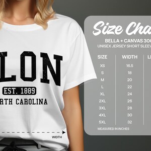 T-shirt size chart with "ELON NORTH CAROLINA" text, including width and length measurements.
