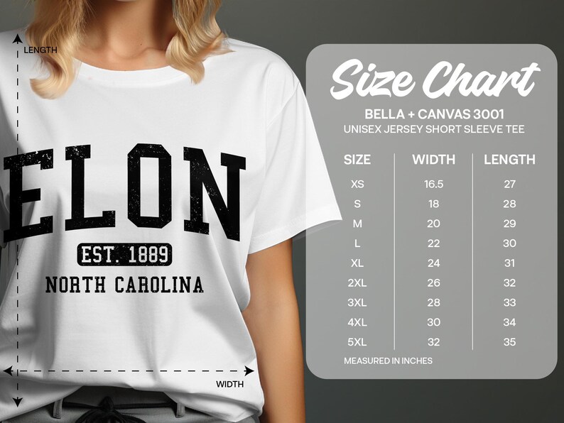 T-shirt size chart with "ELON NORTH CAROLINA" text, including width and length measurements.