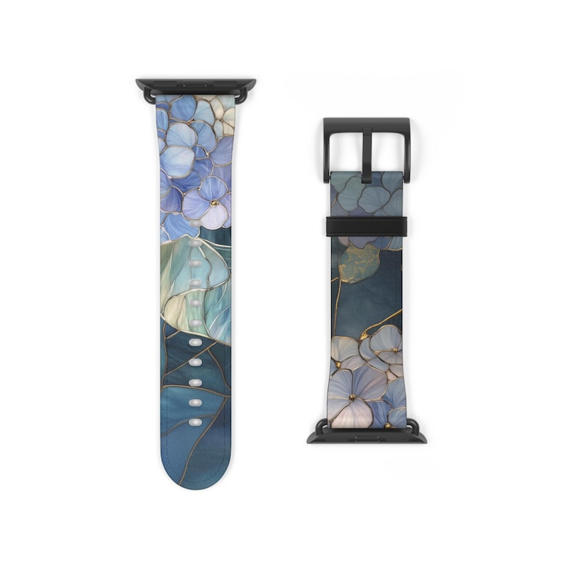 Blue Hydrangea Stained Glass Apple Watch Band Vegan Faux Leather Vintage Flower Pattern Artful Trendy Aesthetic Gift Idea Floral Watch Band image 7