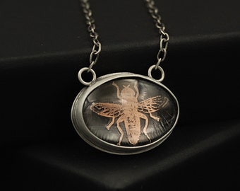 Adjustable Handmade OOAK (One of a Kind) Sterling Silver Fly Necklace Featuring Etched Copper Plate with Insect