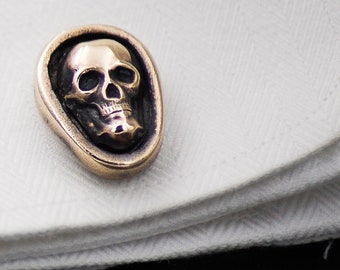 Pair of Antiqued Gold Skull Cufflinks -- Unisex or Men's Cuff Links for Groom or Father of the Bride or Groomsmen