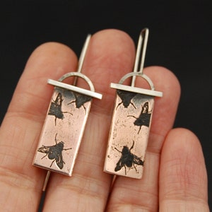 Handmade Fly Earrings in Copper & Sterling Silver, Insect Earring Fly Jewelry for Entomologist Gift