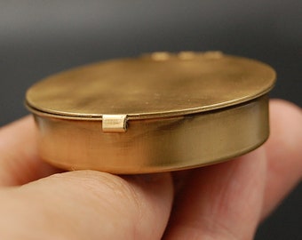 Customizable Small Round Brass Pill or Trinket Box with Your Choice of Engraving and/or Animal on Lid — Perfect Pillbox for Purse or Pocket!