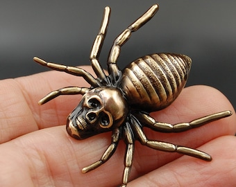 Handmade Spooky Spider Pin with Human Skull, Unique Brooch Perfect for Halloween