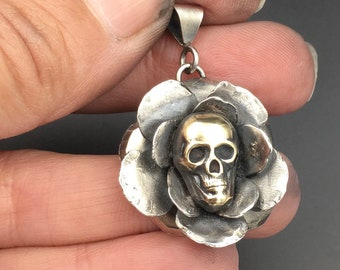 Handcrafted Sterling Silver Rose Pendant with Brass Skull