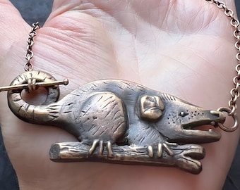 Bronze Hand Carved Opossum Necklace Featuring Hand Fabricated Toggle and Smooth Cable Chain -- Hissing Opossum Statement Necklace