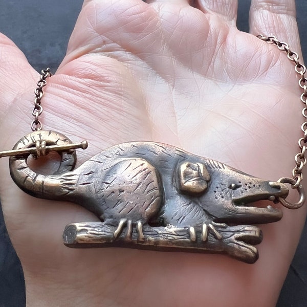 Bronze Hand Carved Opossum Necklace Featuring Hand Fabricated Toggle and Smooth Cable Chain -- Hissing Opossum Statement Necklace