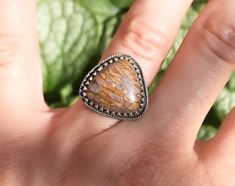 Handmade One-Of-A-Kind Sterling Silver Fossilized Dinosaur Bone Ring with Trillion Natural Fossil Dino Bone Cabochon