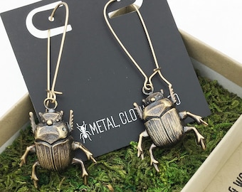 Brass Scarab Beetle Earrings, Gold-Filled Wires, Insect Jewelry