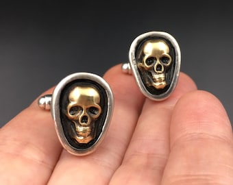 Pair of Sterling Silver Skull Cufflinks with Brass Skulls -- Unisex or Men's Cuff Links for Groom or Father of the Bride or Groomsmen