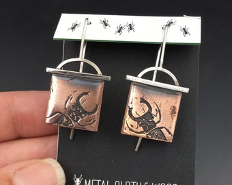 Handmade Stag Beetle Earrings in Copper & Sterling Silver, Handmade Insect Jewelry, Stag Beetle Jewelry, Gift for Entomologist