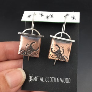 Handmade Stag Beetle Earrings in Copper & Sterling Silver, Handmade Insect Jewelry, Stag Beetle Jewelry, Gift for Entomologist