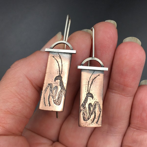 Unique Sterling Silver and Antiqued Copper Praying Mantis Earrings for Insect Jewelry Lovers