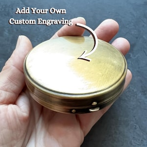 Custom Engraved 2.6&quot; Round Brass Pill or Trinket Box — Perfect Pillbox for Purse or Tote!