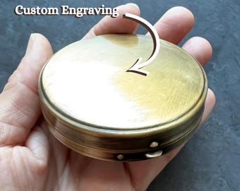 Custom Engraved 2.6" Round Brass Pill or Trinket Box — Perfect Pillbox for Purse or Tote!