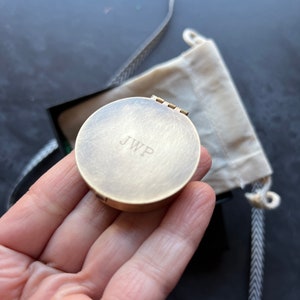 Customizable Small Round Brass Pill or Trinket Box with Your Choice of Engraving and/or Animal on Lid Perfect Pillbox for Purse or Pocket serif