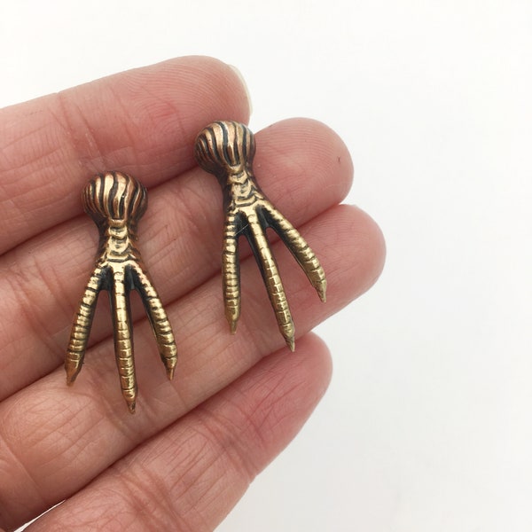 Gothic Handmade Brass & Gold Vintage Birdclaw Earrings -- Bird Talon Earrings -- Claw Studs -- Bird Claw Studs Perfect for Your Fave Goth