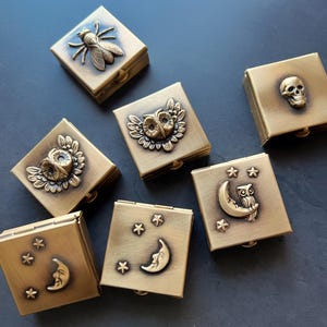 Customizable Decorative 1.25&quot; Square Brass Pill Box with Your Choice of Skull, Insect, Animal, or Celestial Theme!
