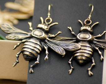 Antiqued Brass or Bright Gold Brass Bee Earrings with Gold Filled Ear Wires