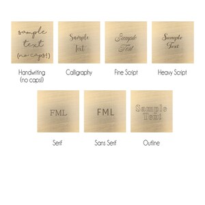 May include: A comparison of different font styles for engraving. The top row shows handwriting, calligraphy, fine script, and heavy script. The bottom row shows serif, sans serif, and outline styles. The text in the image reads "sample text (no caps!)", "Sample Text", "Sample Text", "Sample Text", "FML", "FML", and "Sample Text".