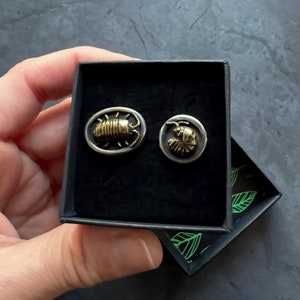 May include: A black box with two gold-colored cufflinks. One cufflink features a detailed design of a pill bug, while the other cufflink features a more abstract design of a pill bug.