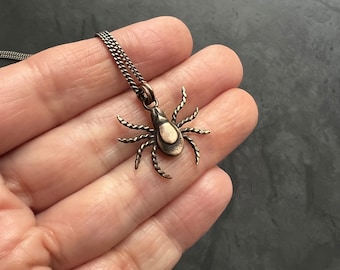 Gender Neutral Sterling Silver or Bronze Tick Pendant, With or Without Your Choice of Vegan Choker or Sterling Silver Cable or Curb Necklace