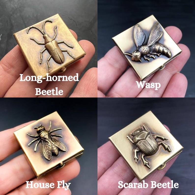 May include: Four small, square, brass boxes with different insect designs. The boxes are labeled "Long-horned Beetle", "Wasp", "House Fly", and "Scarab Beetle".