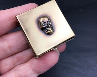 Customizable Decorative 1.25" Square Brass Pill Box with Your Choice of Skull or Moon with Stars — Add an Engraving to Personalize!