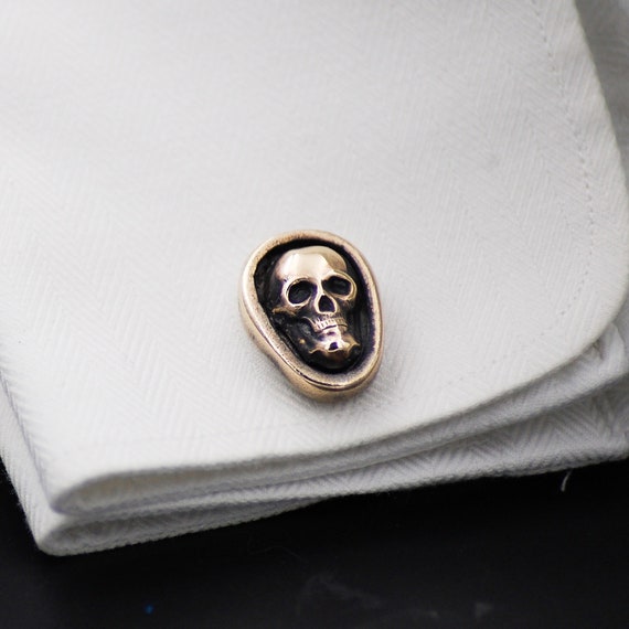 Pair of Antiqued Gold Skull Cufflinks -- Unisex or Men's Cuff