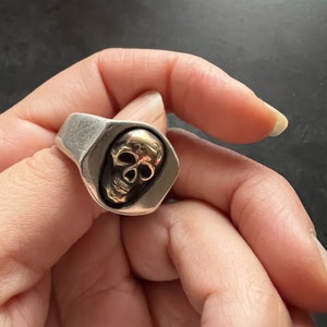 Skull Signet Ring – Chunky Sterling Silver and Brass Ring – Gothic Skull Jewelry – Handmade Statement Ring – Unisex Signet – Recycled Silver