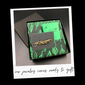 May include: A black gift box with a green and white leaf pattern. The box contains a small bronze grasshopper pin and a card that says "Caring for Your Nature Jewelry".