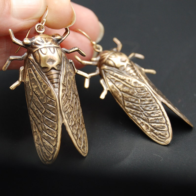 Cicada Earrings with Gold Filled Ear Wires and Golden Brass Cicada Charms Perfect for Brood X Bright Gold or Antiqued Finish Available image 1