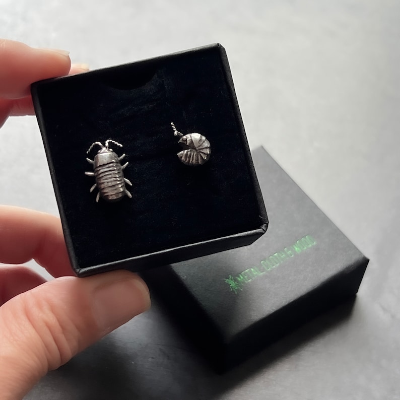 Mismatched Handmade Sterling Silver Isopod Stud Earrings Also Available in Bronze and Brass Perfect Pillbug, Doodlebug, Roly Poly Gift image 8