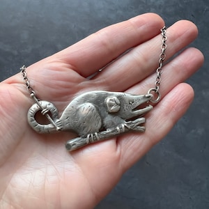 Sterling Silver Opossum Necklace – Handmade Animal Pendant, Wildlife Jewelry, Recycled Silver, Nature Lover Gift, Statement Jewelry