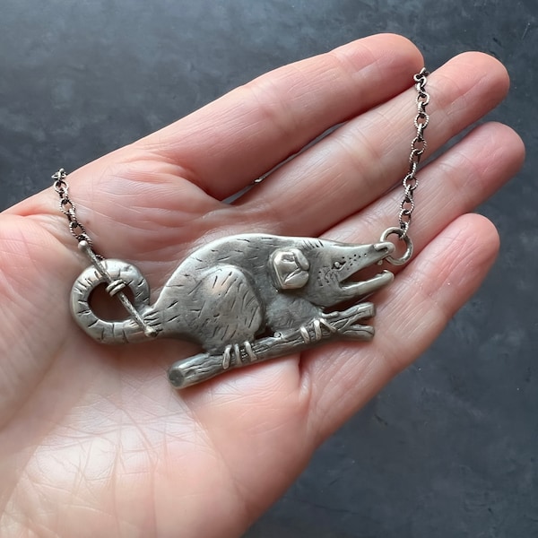 Sterling Silver Hand Carved Opossum Necklace Featuring Hand Fabricated Toggle and Textured Cable Chain -- Hissing Opossum Statement Necklace