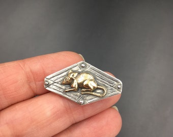 Sterling Silver Primitive Geometric Brooch with Brass Rat — Hand Carved Design Made in Certified Green Recycled 925 Sterling Silver