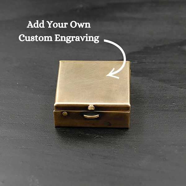Simple Engraved 1.25" Square Brass Pill or Trinket Box You Can Customize with a Personalized Engraving -- Push Button Mechanism Opens Lid!