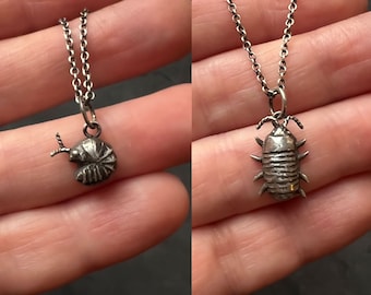 Sterling Silver, Brass, or Bronze Isopod Charm Pendant — Option to Add Your Choice of Sterling Silver Vegan Choker or Necklace