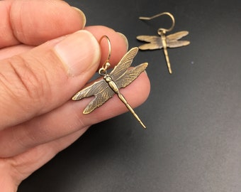Brass and Gold Dragonfly Dangle Insect Earrings -- Perfect Gift for any Dragonfly Lover -- Available in Bright Gold or Antiqued Brass Finish